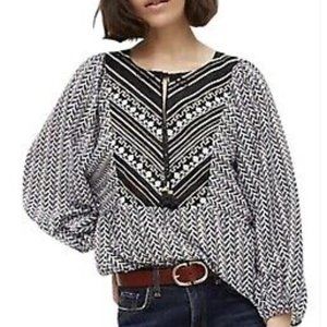 VARQ Anthropologie Daeria Black Tan Bohemian Embroidered Blouse